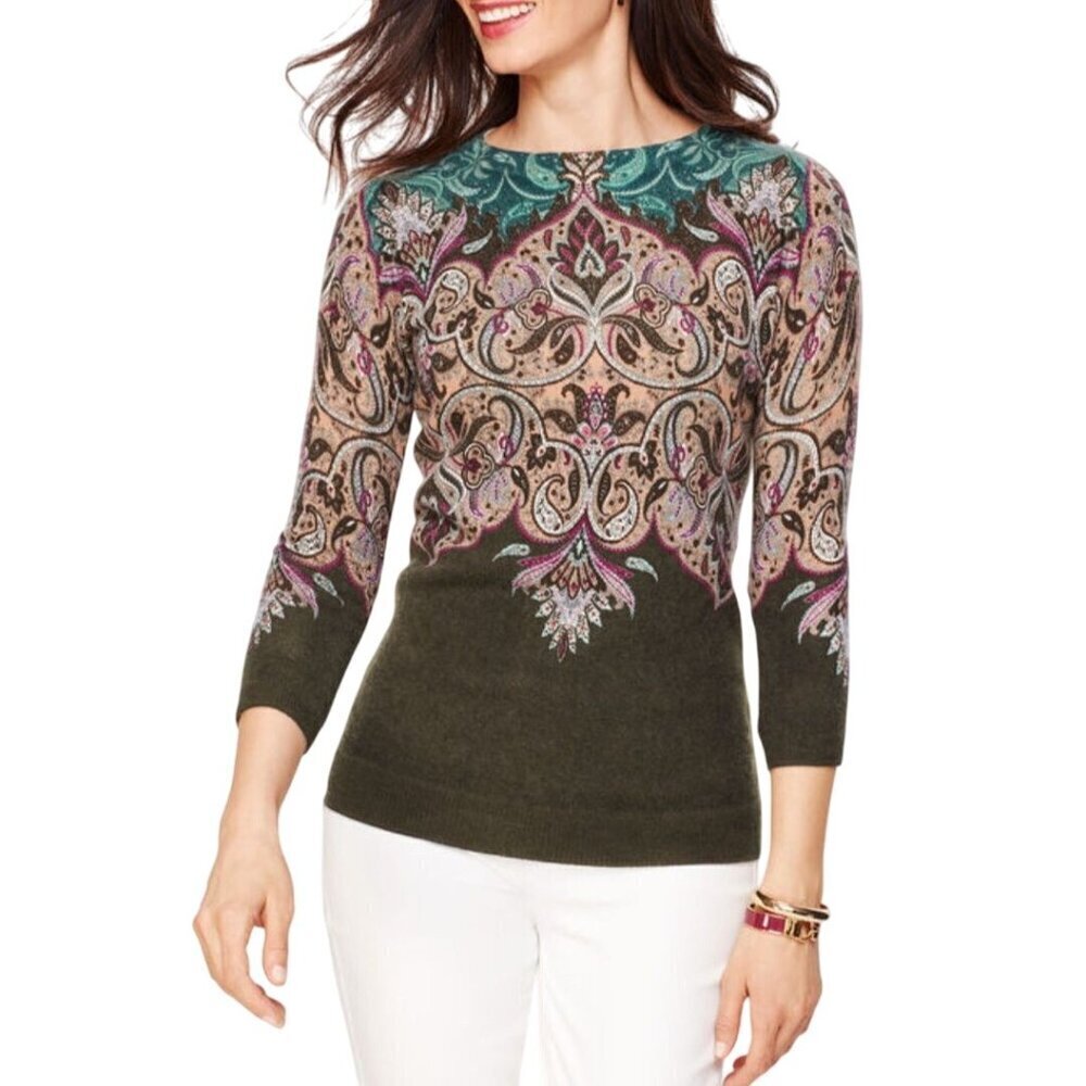 Talbots Cashmere Audry Sweater Paisley 3/4 Sleeve Size Mp